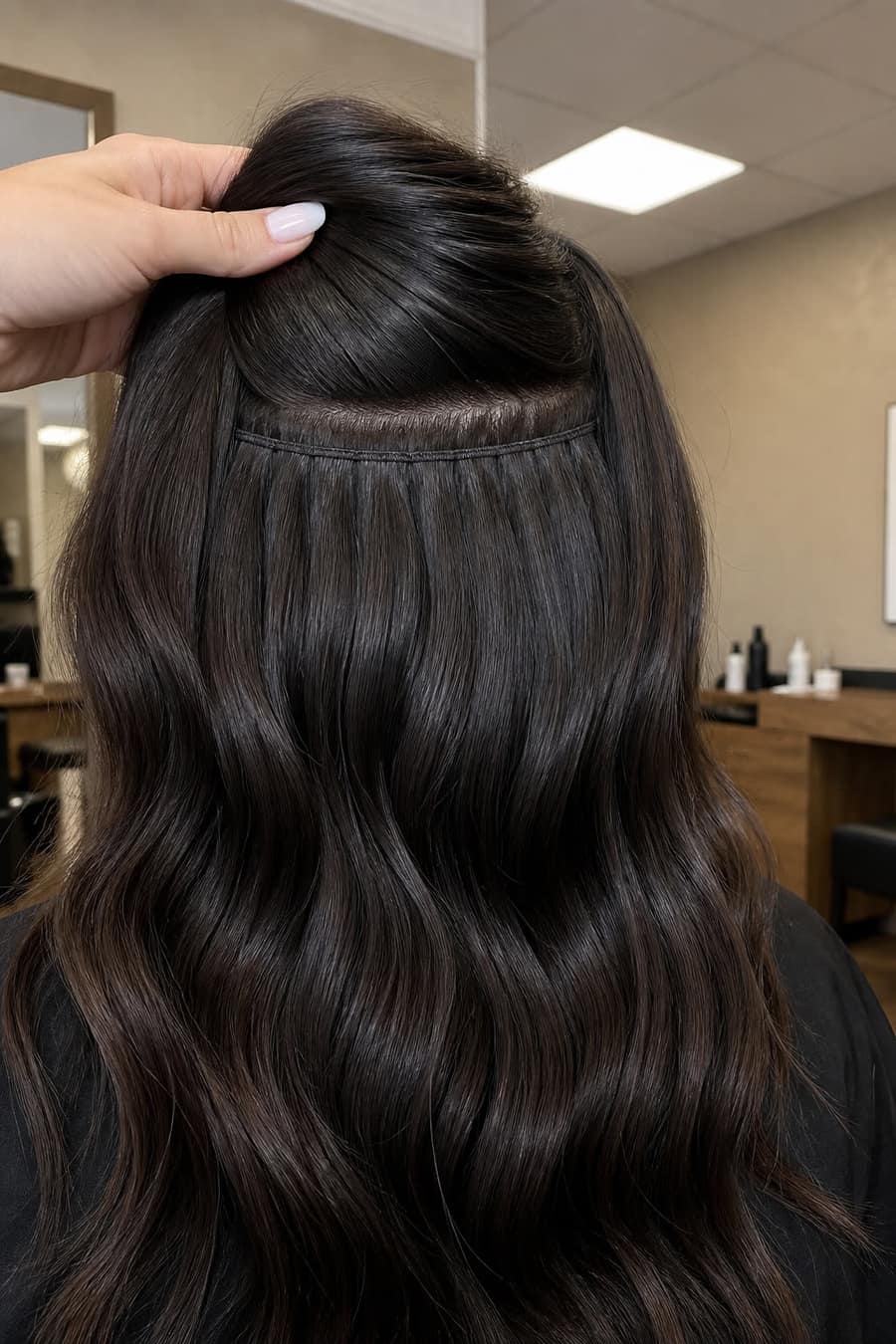 Hidden row extensions revealed beneath long, glossy dark waves