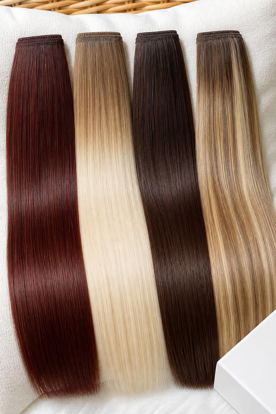 The Celina Collection extension wefts in burgundy, blonde ombre, chocolate brown, and sandy balayage