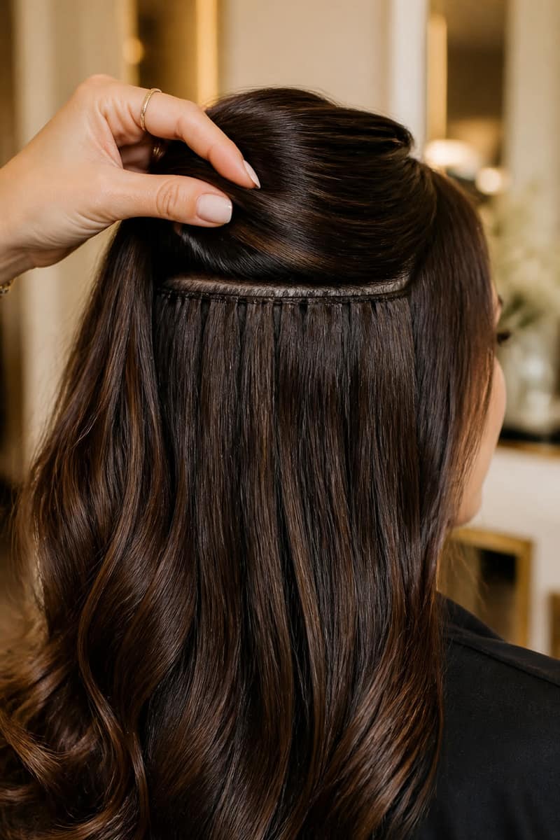 Hidden row weft tucked beneath a natural section of dark wavy hair